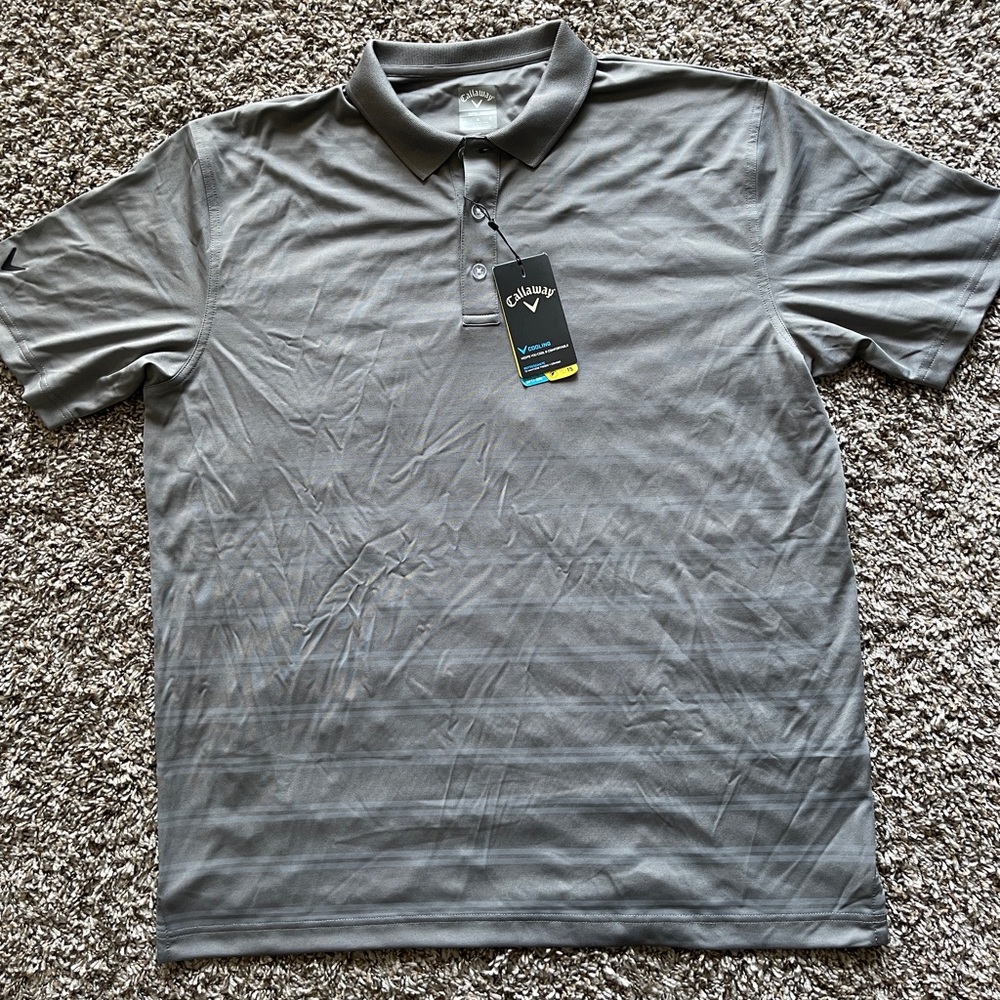 NWT Callaway Opti-Dry Mens Large L Grey Striped Short Sleeve Polo Shirt UPF 15